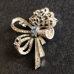 Sterling Silver Bow Brooch Sonia Lee 1940s Art Deco Rhinestone White Blue Vtg